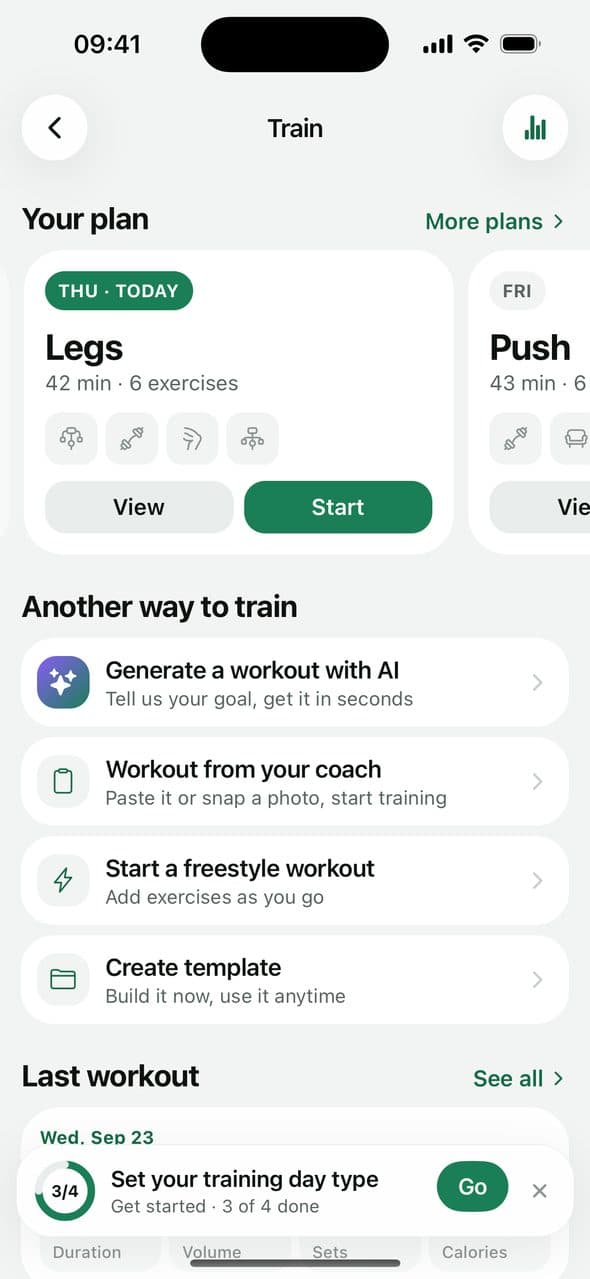 FoodAI Train hub with your plan and workout options