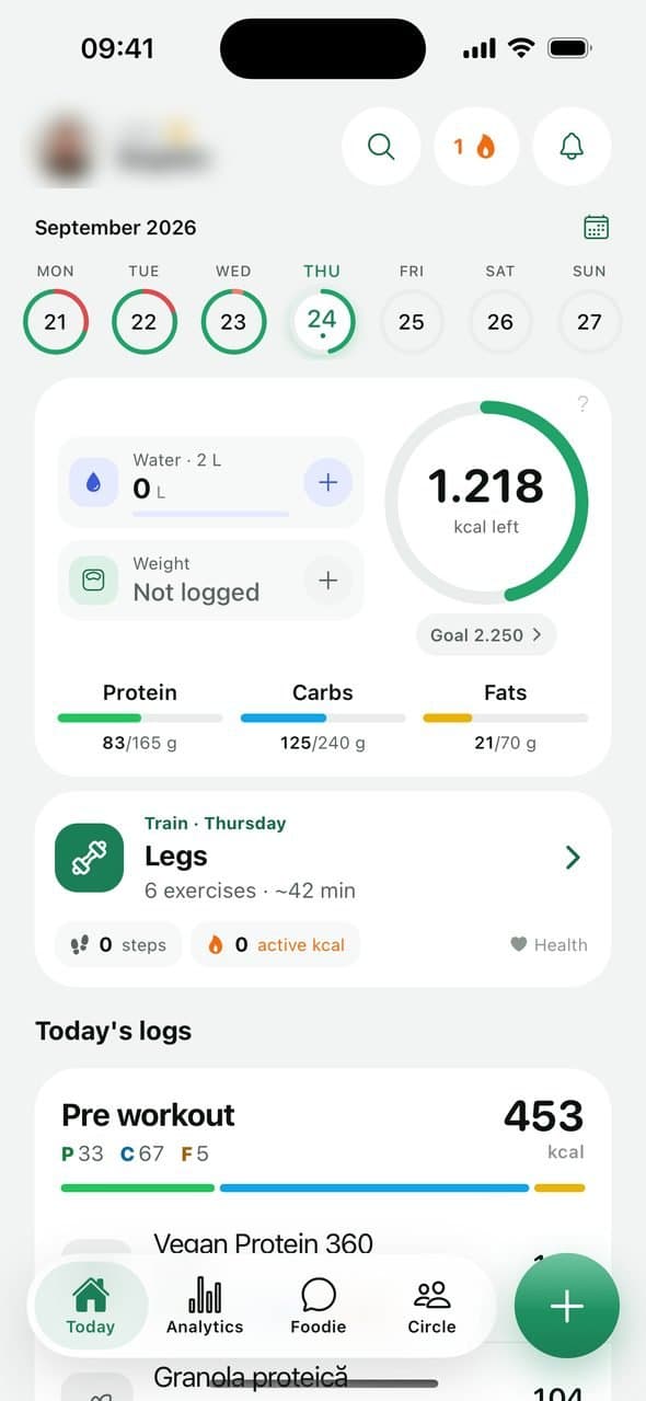 FoodAI Today screen with the calorie ring and macros