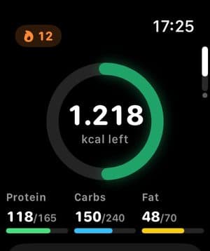 FoodAI on Apple Watch showing calories left and macros